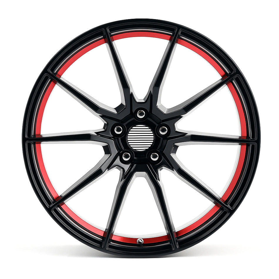 ExoRace XR10 Split-Spoke – 20x10 ET40 5x114.3 – Gloss Black w/ Red Accents